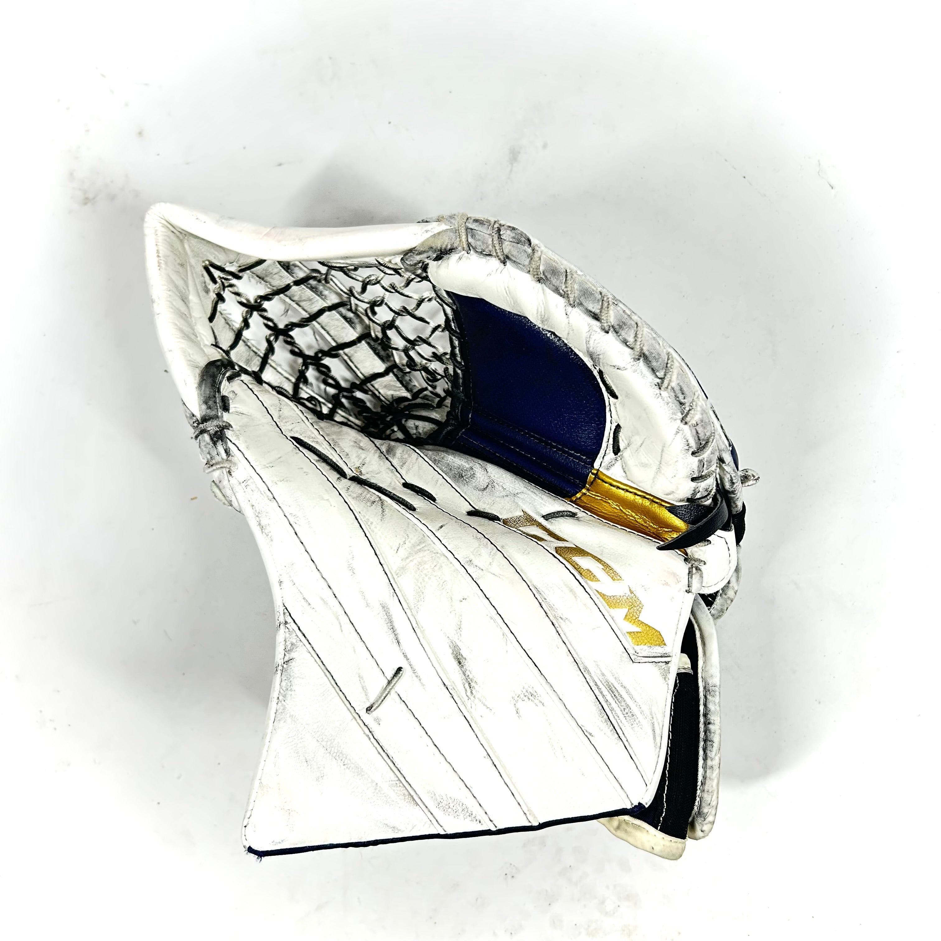 CCM Extreme Flex 5 - Gant de gardien de but Pro Stock d'occasion (blanc/bleu marine)